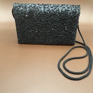 Vintage Carolyne Barton Black Sequin Beaded Evening Bag Crossbody Purse Snap